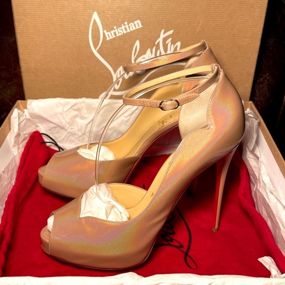Christian Louboutin RoundChick Alta 120 Iridescent patent nude peeptoe pump EU39